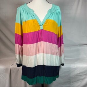 Crown & Ivy  Multicolor Stripe Pullover Tunic Top V-neck Large 3/4 Sleeve Blouse
